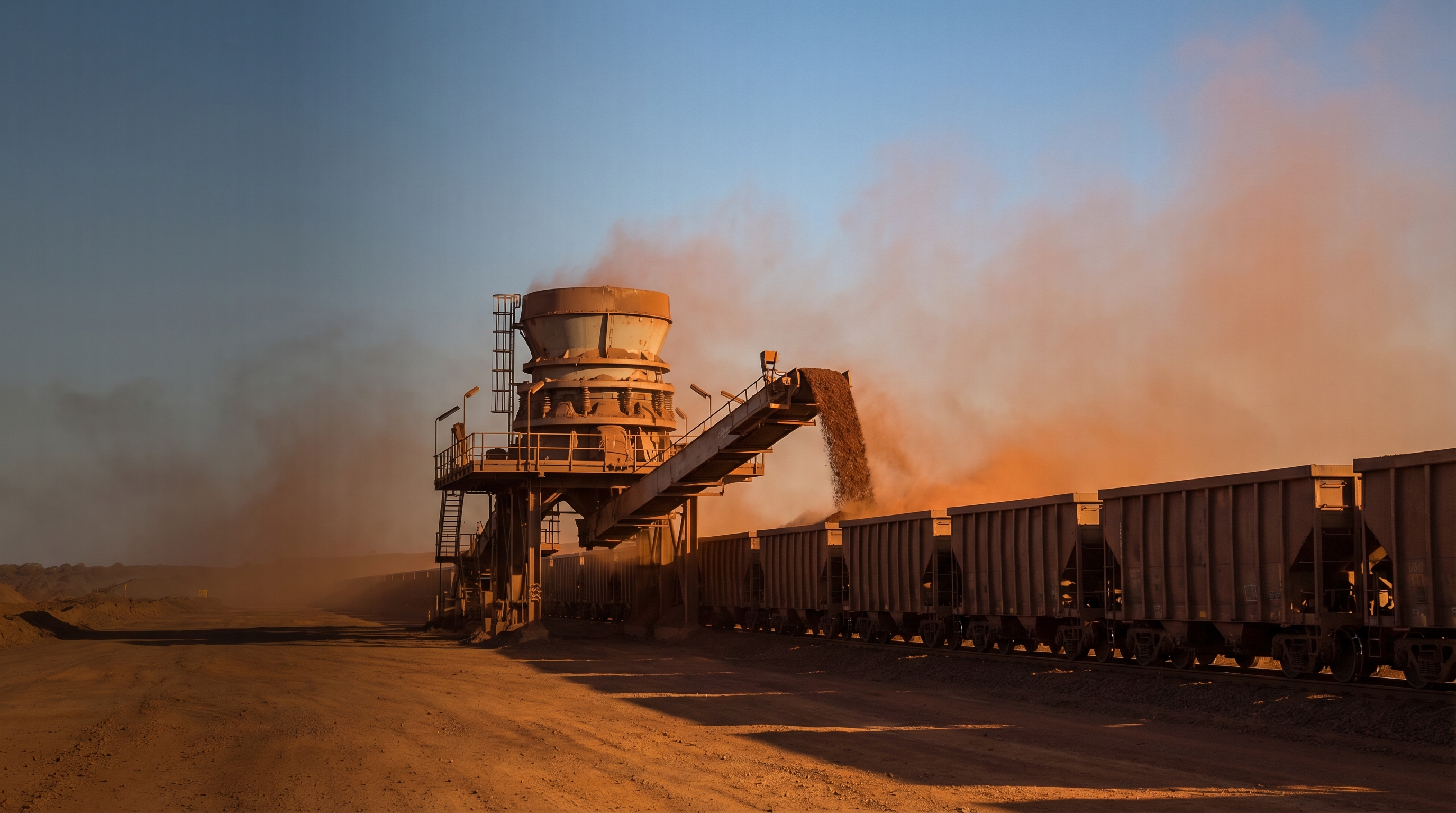 Industrial cone crusher discharging crushed iron ore via conveyor into a line of waiting ore rail cars on a haul track, golden-hour light and red dust haze