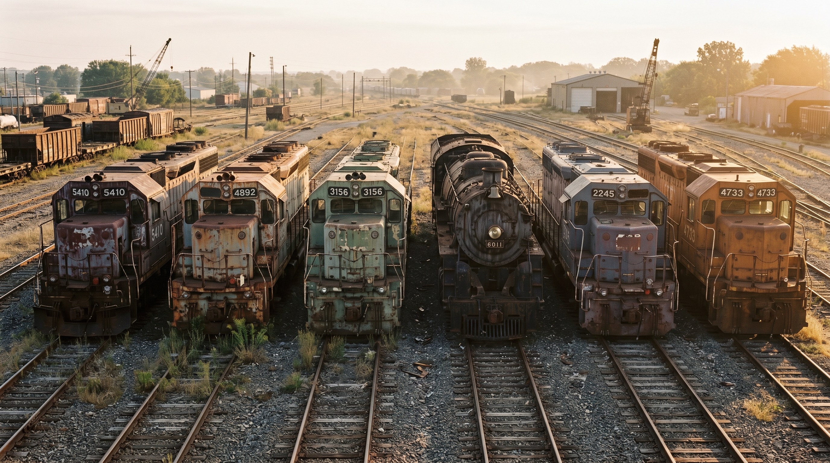 A row of retired diesel-electric and steam locomotives parked head-on in a decommissioned rail yard at golden hour, heavy rust and faded liveries