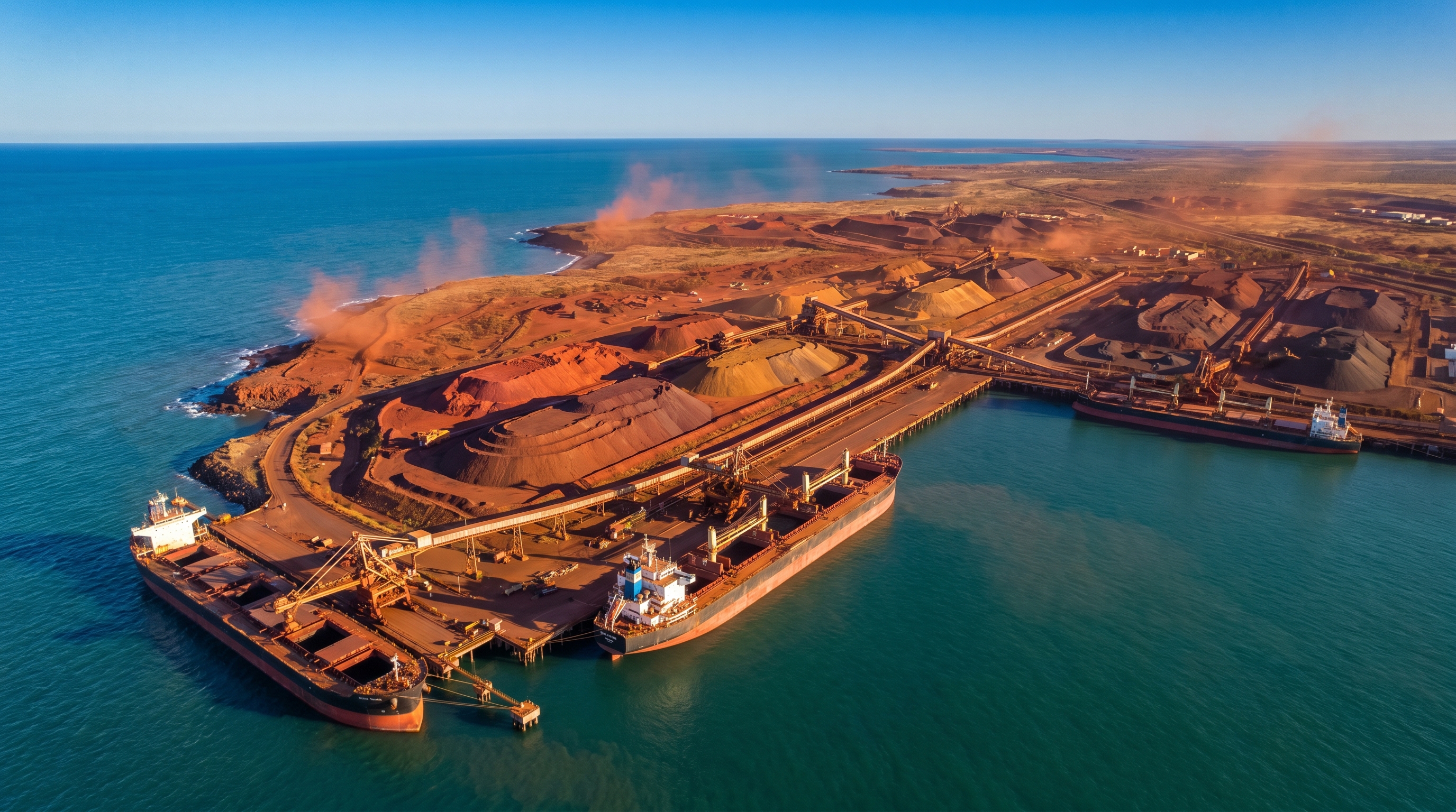 Aerial view of Port Hedland port with bulk ore carriers berthed at wharf, red iron ore stockpiles, and turquoise Indian Ocean