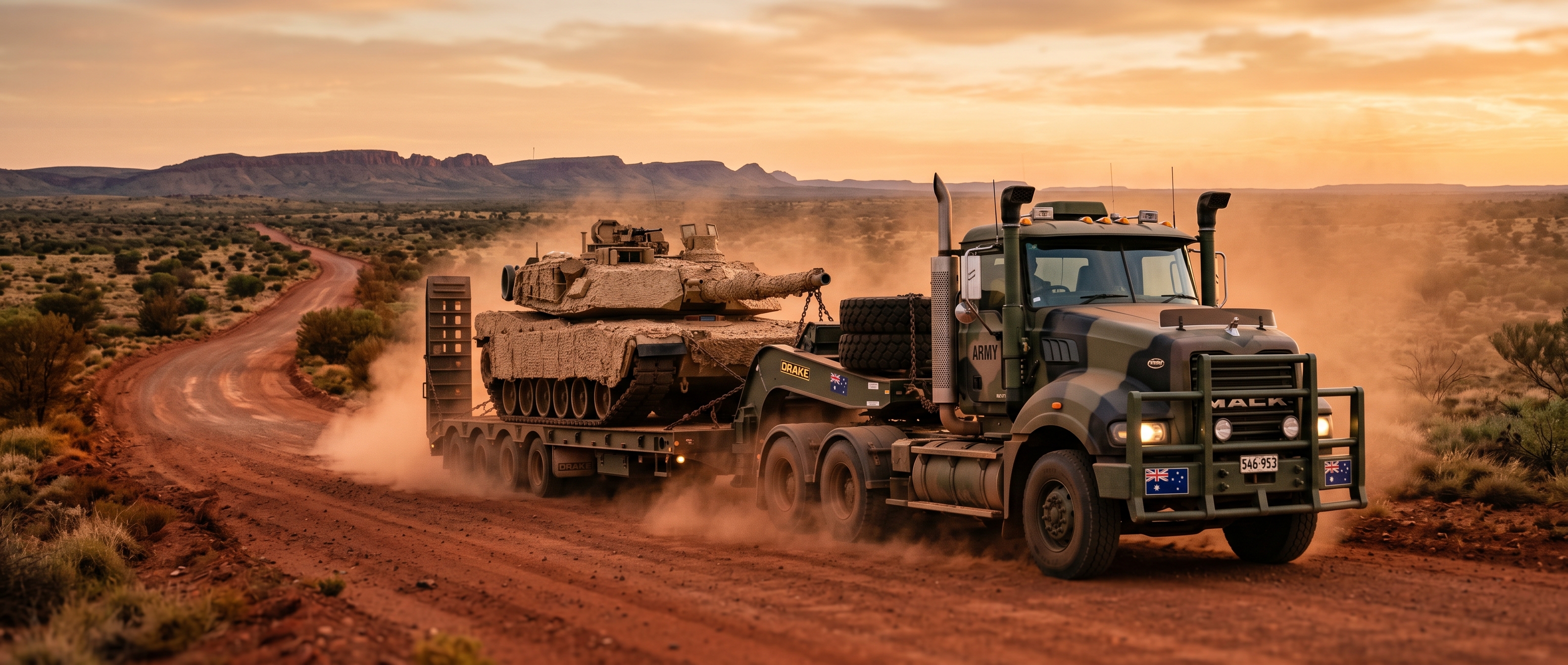 Australian Army Mack Titan prime mover towing an M1A1 Abrams tank on a heavy-equipment transporter along a red-dirt outback road at golden hour