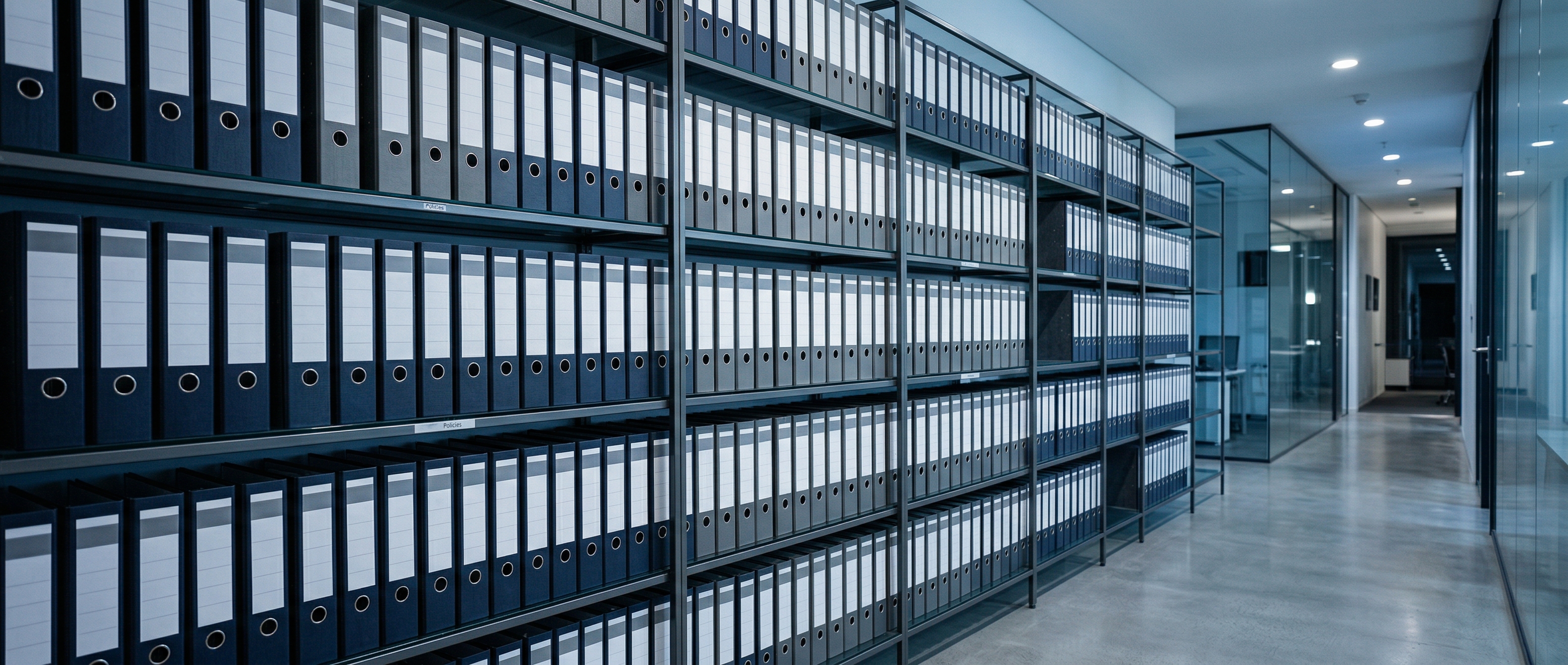Rows of organised document binders on shelves in a modern office
