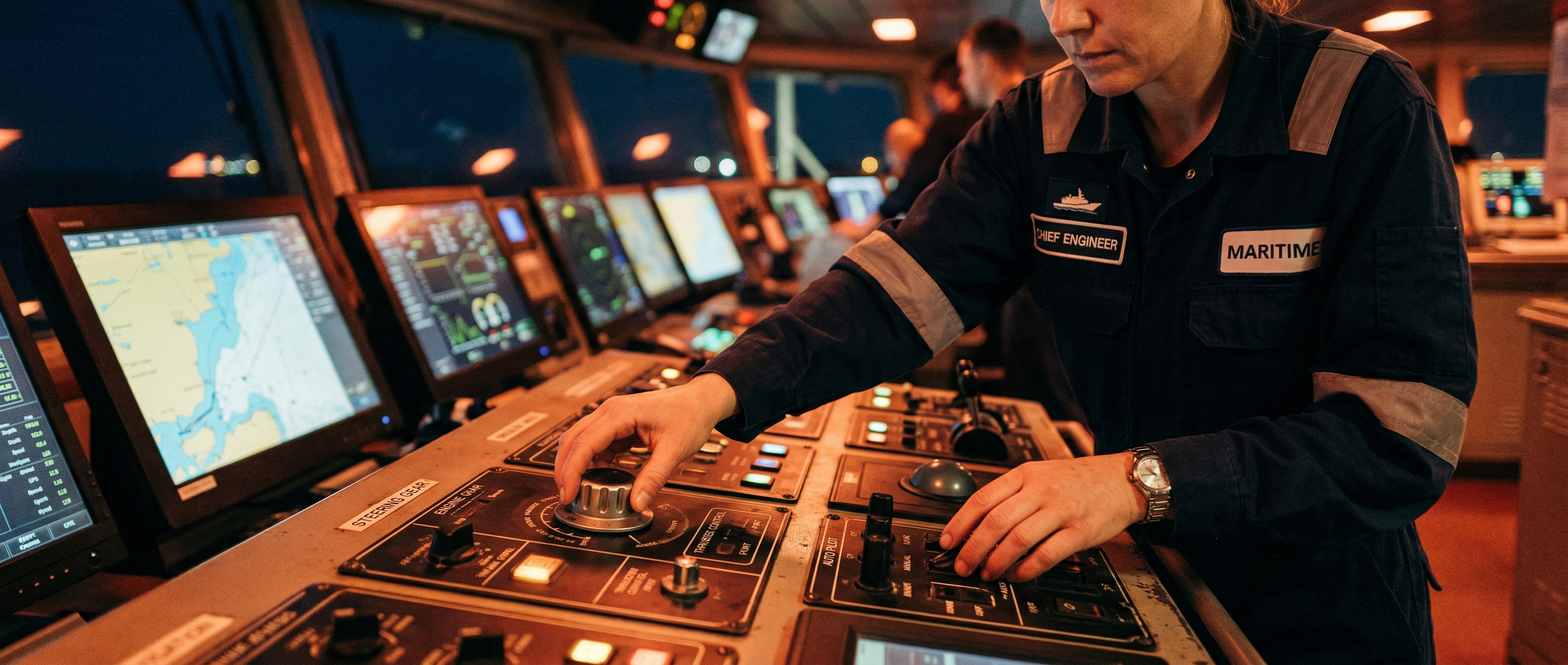 Engineer adjusting bridge console controls