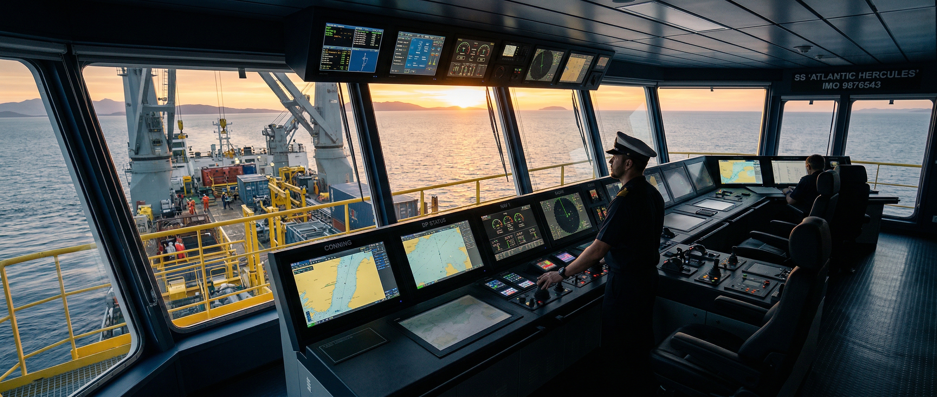 Ship bridge control room at dawn
