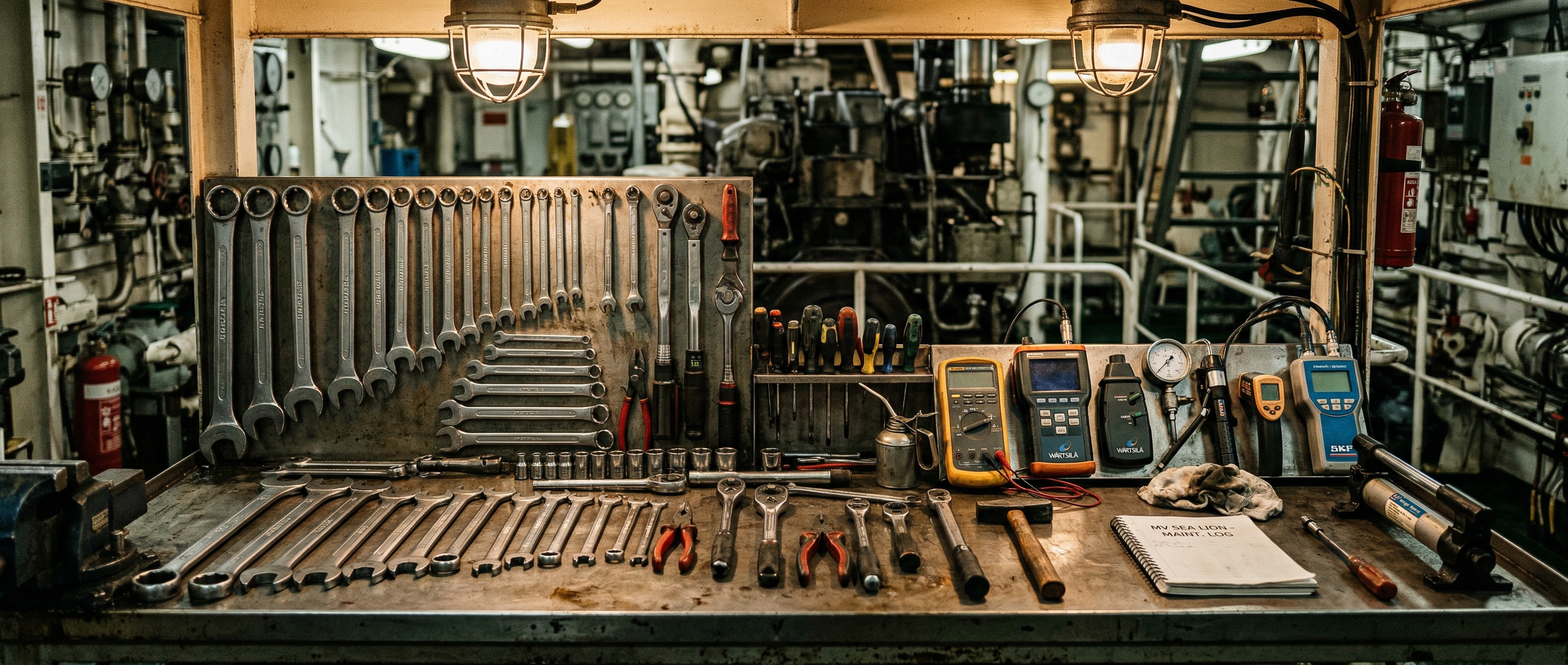 Engine room tools on a steel workbench