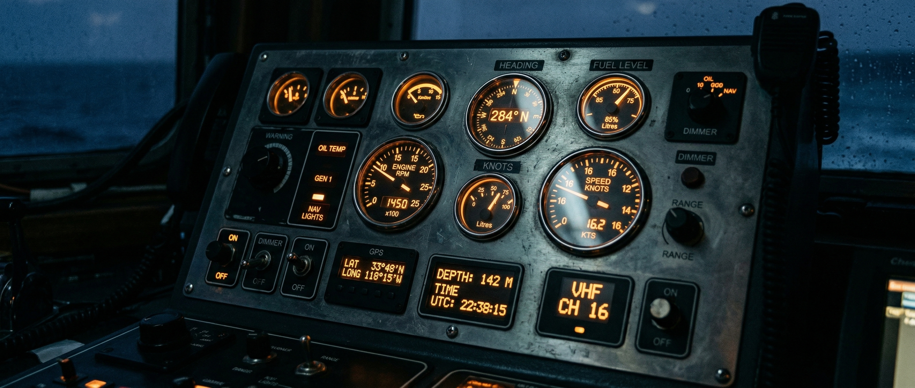 Ship instrument panel with illuminated gauges