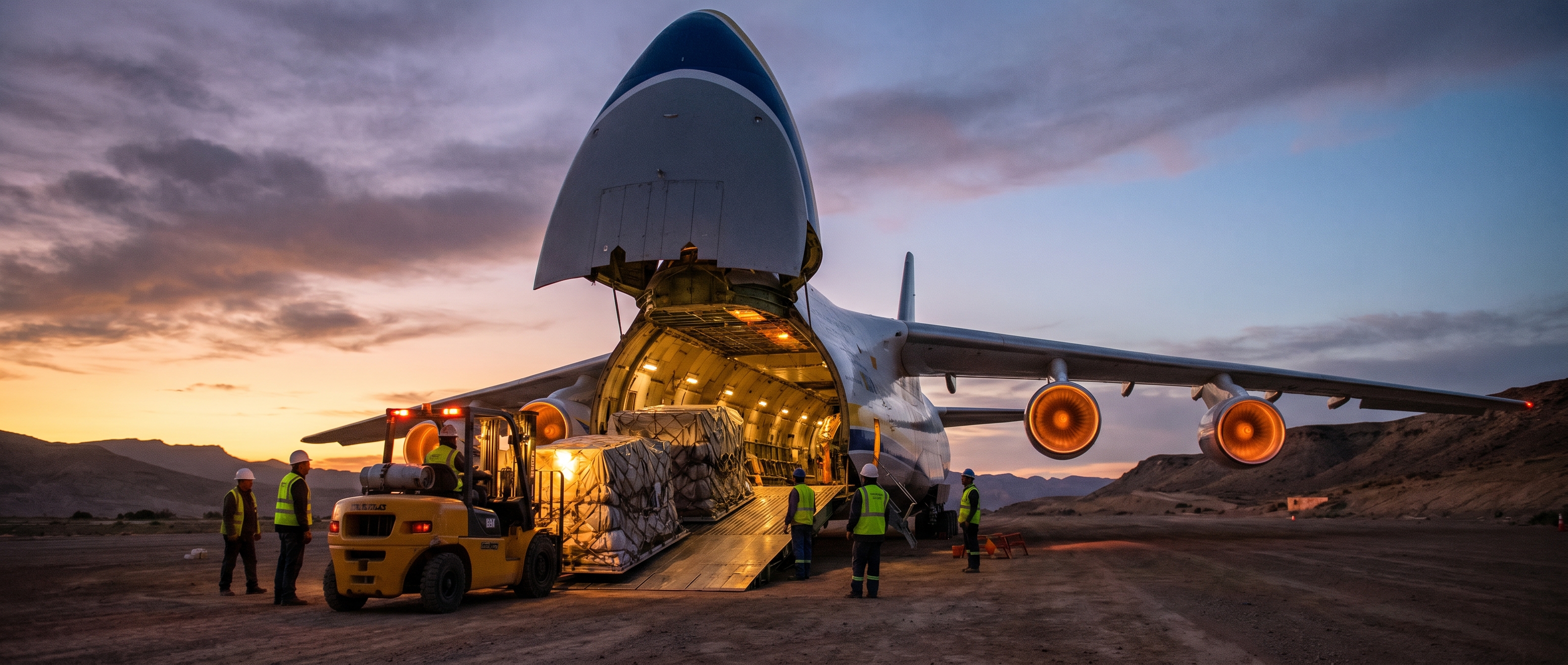 Antonov An-124 heavy-lift cargo aircraft with open nose being loaded at dusk